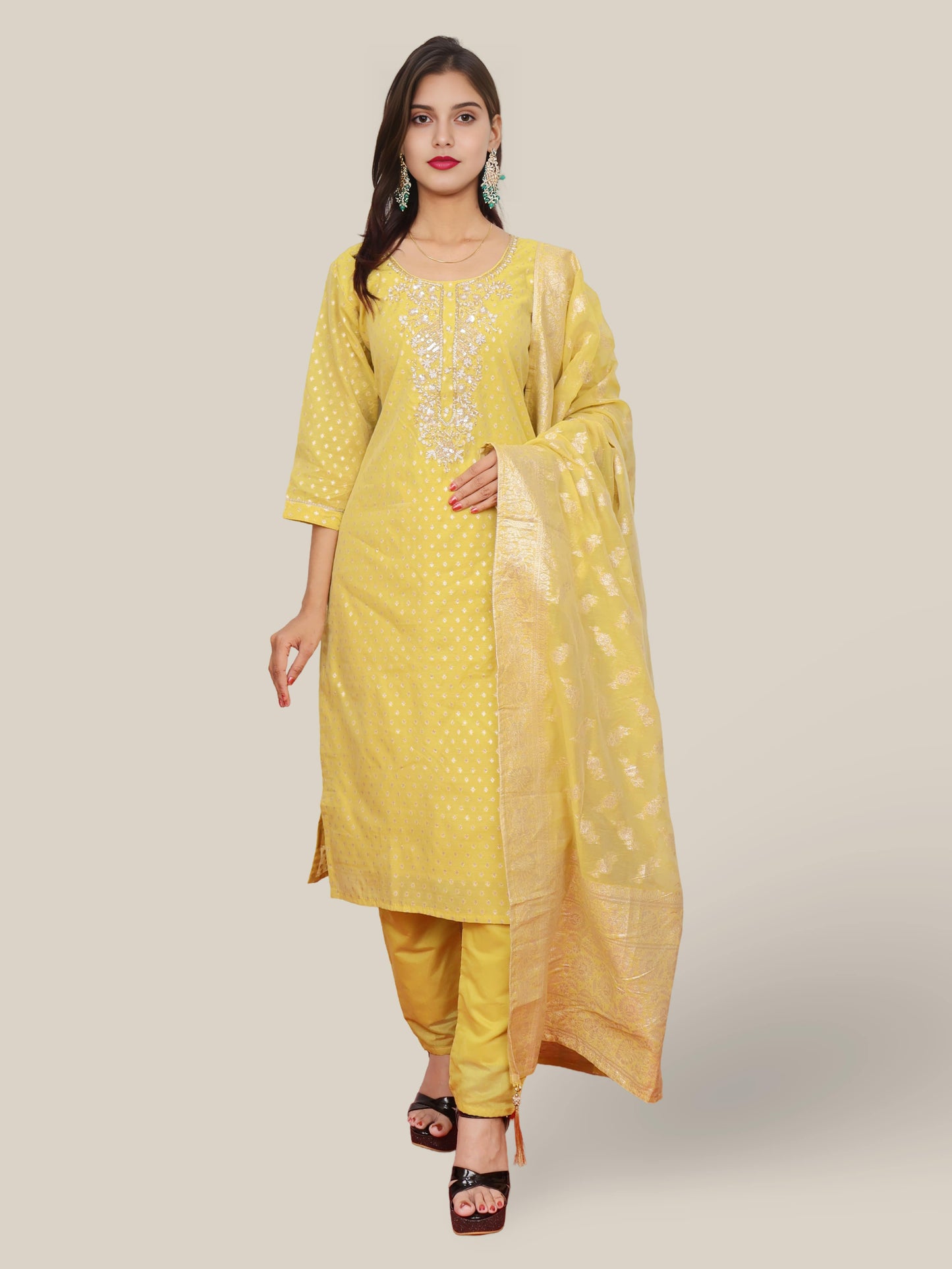 Silk Straight Kurti with Embroidery, Paired with Pant and Dupatta-0