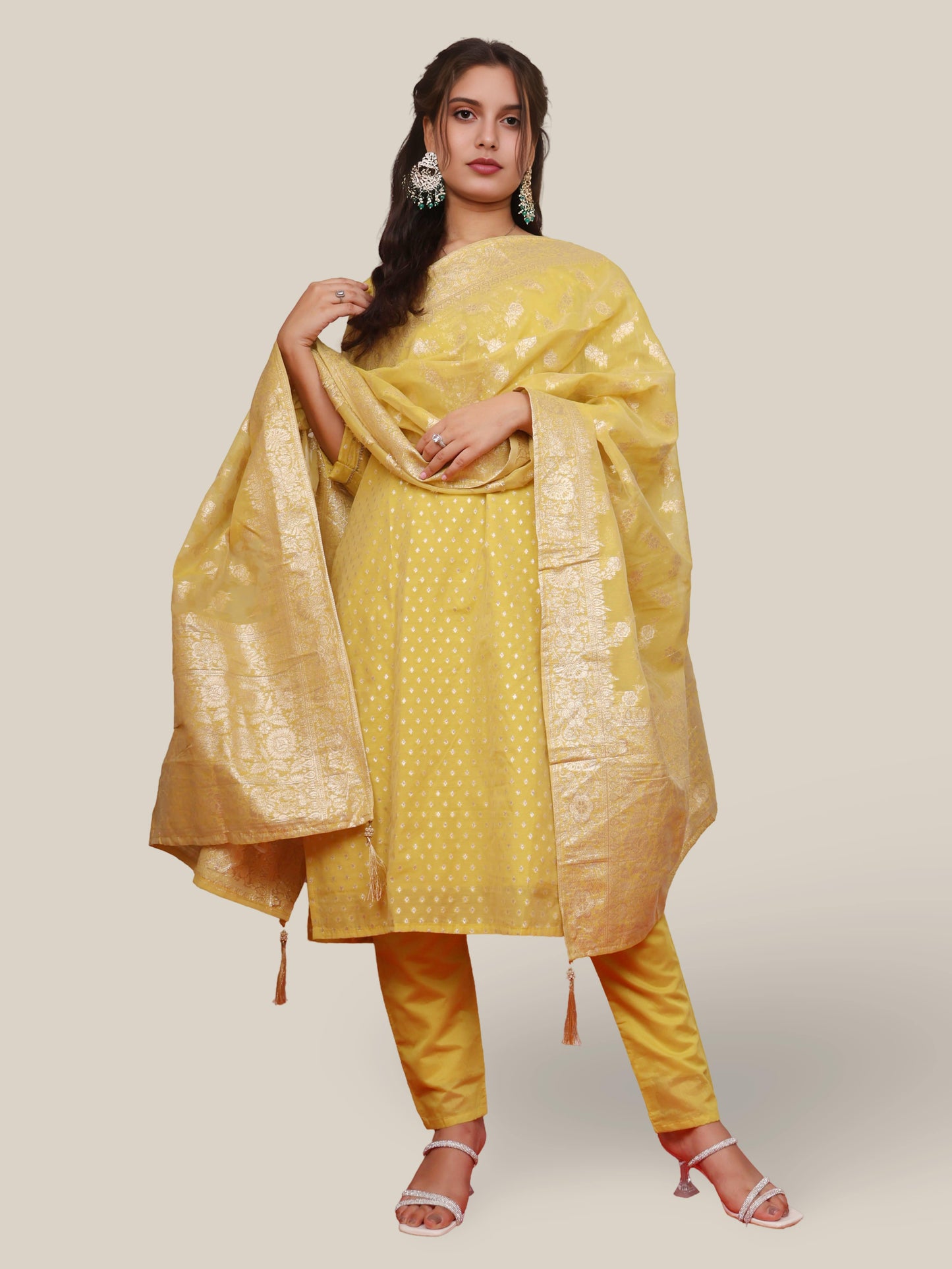 Silk Straight Kurti with Embroidery, Paired with Pant and Dupatta-4