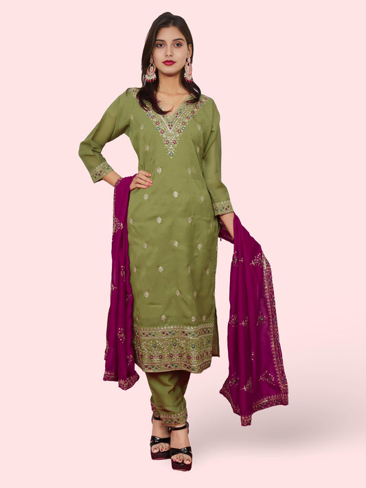 Woman Straight Suit Set with Pant-Dupatta-0
