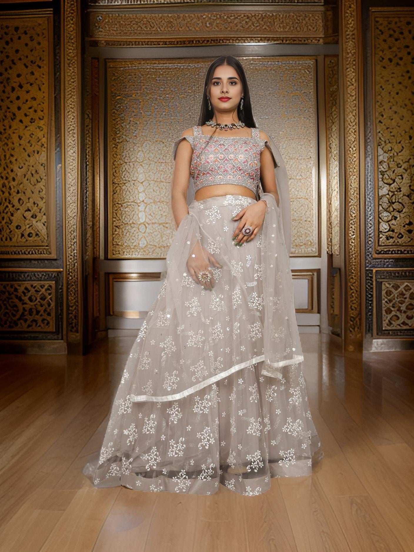 Embroidered Cold Shoulder Lehenga Choli Set-5