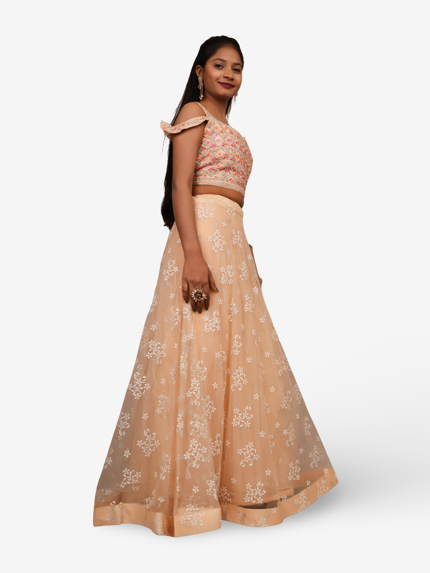 Embroidered Cold Shoulder Lehenga Choli Set-3