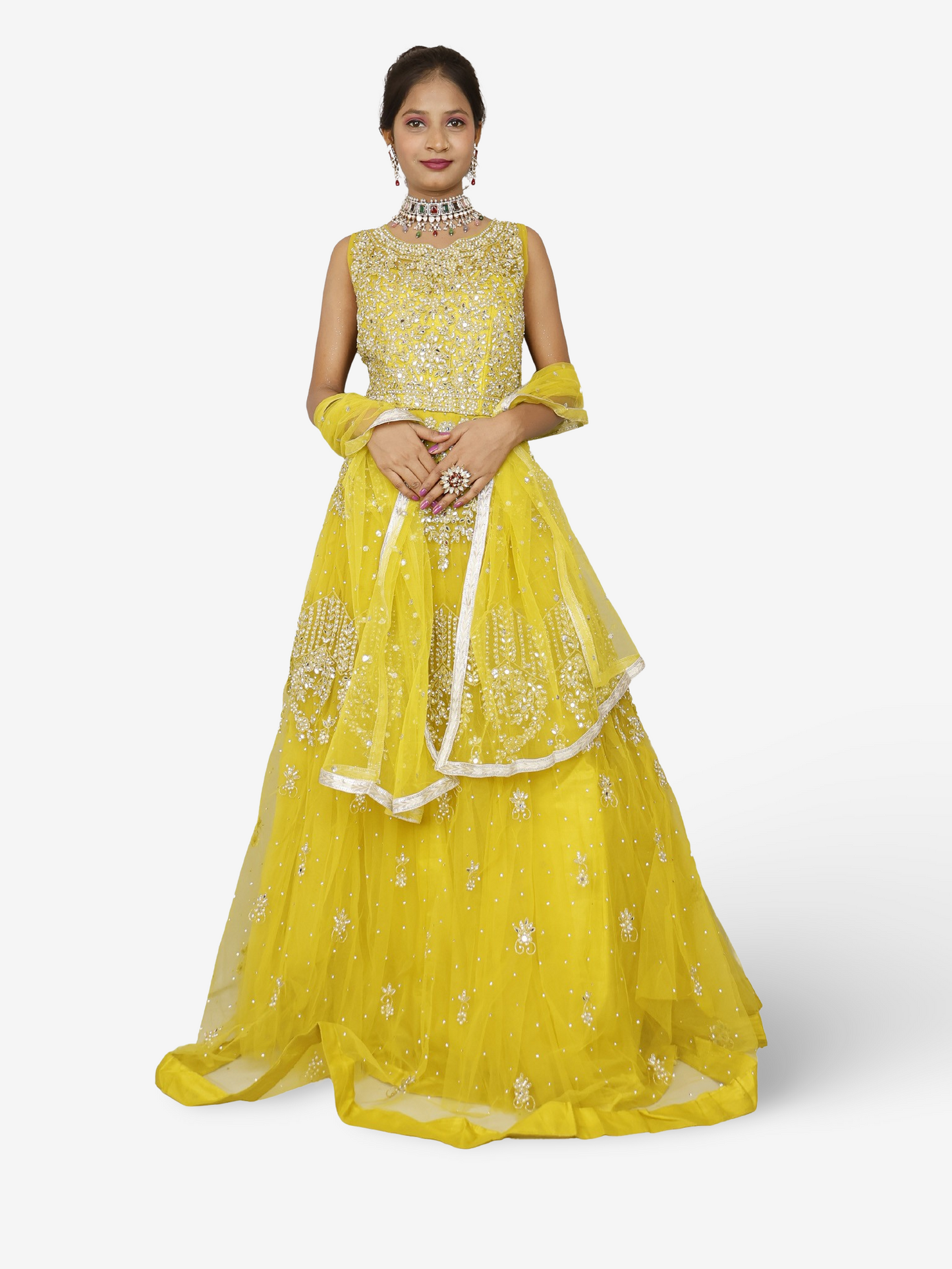 Lemon yellow gown with mirror and pearl work to soft net fabric for women by Shreekama-0