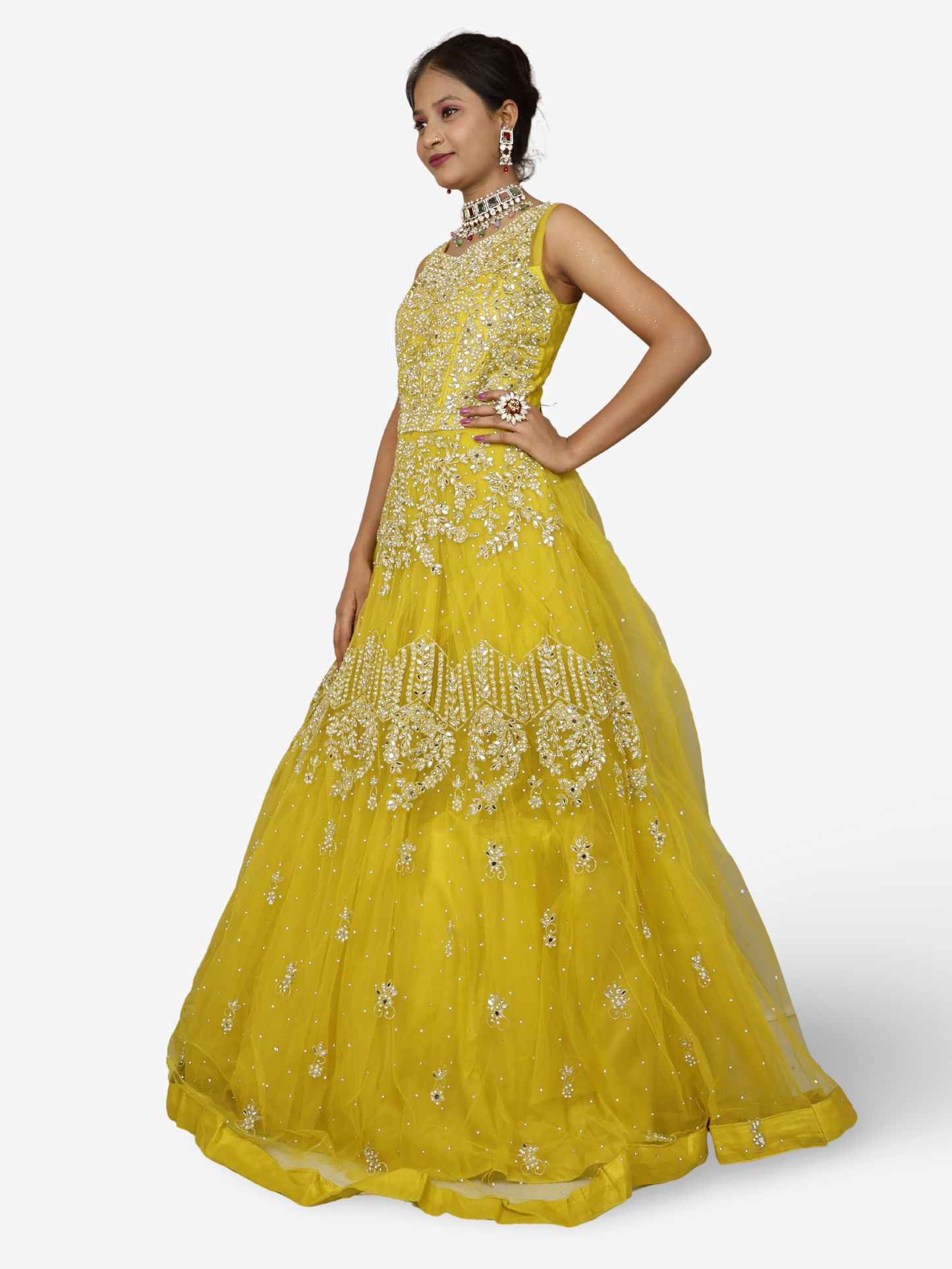Lemon yellow gown with mirror and pearl work to soft net fabric for women by Shreekama-2