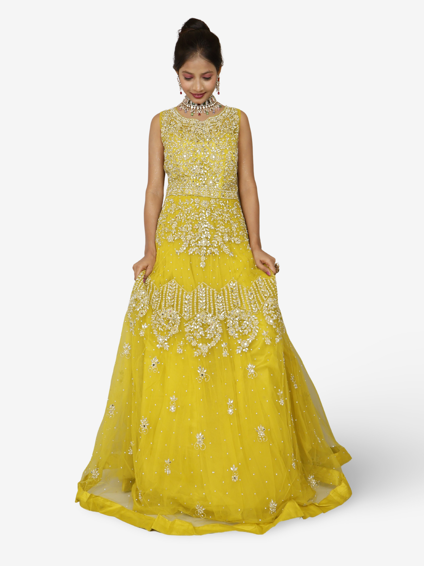 Lemon yellow gown with mirror and pearl work to soft net fabric for women by Shreekama-3