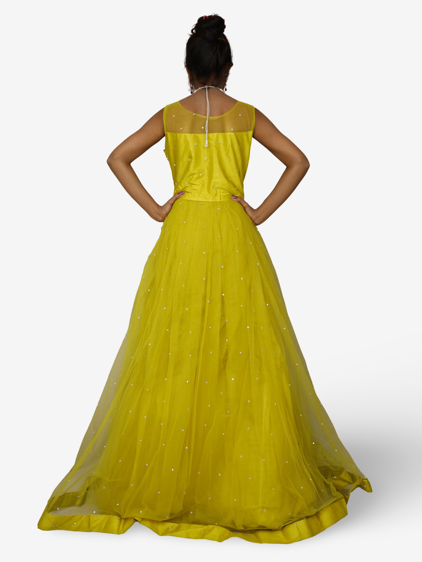 Lemon yellow gown with mirror and pearl work to soft net fabric for women by Shreekama-4