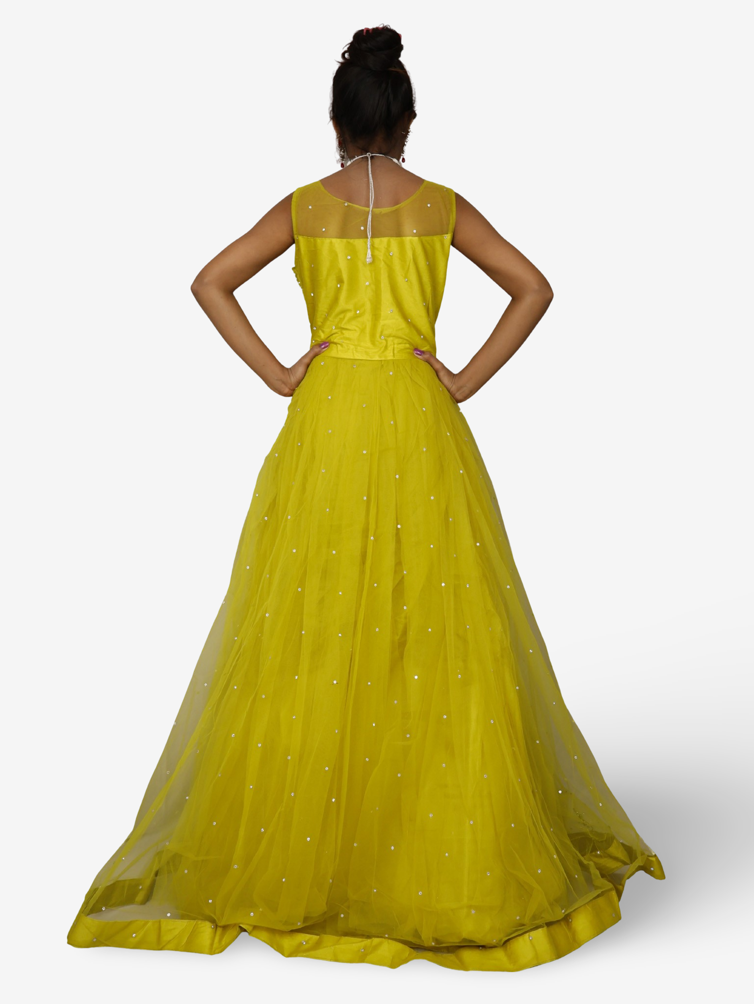 Lemon yellow gown with mirror and pearl work to soft net fabric for women by Shreekama-4