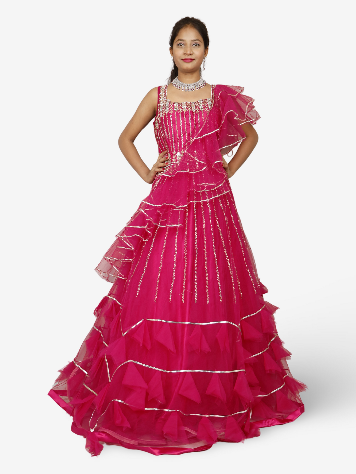 Magenta Pink Flare Gown Stone with Mirror Work for Women by Shreekama-0