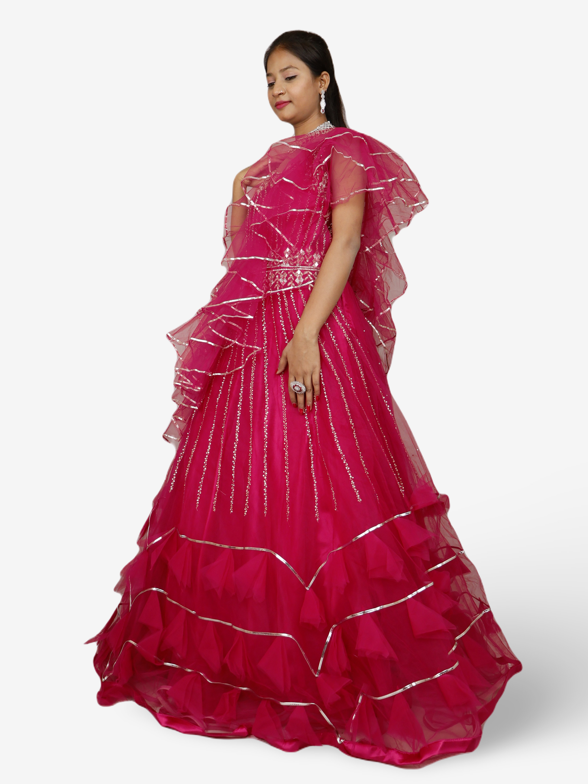 Magenta Pink Flare Gown Stone with Mirror Work for Women by Shreekama-1