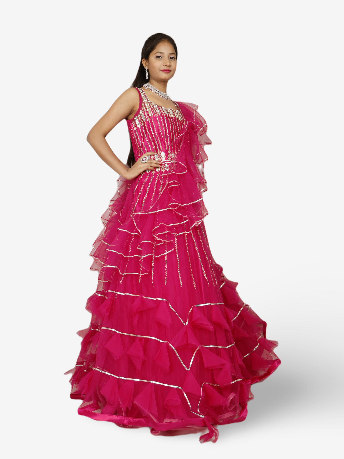 Magenta Pink Flare Gown Stone with Mirror Work for Women by Shreekama-2