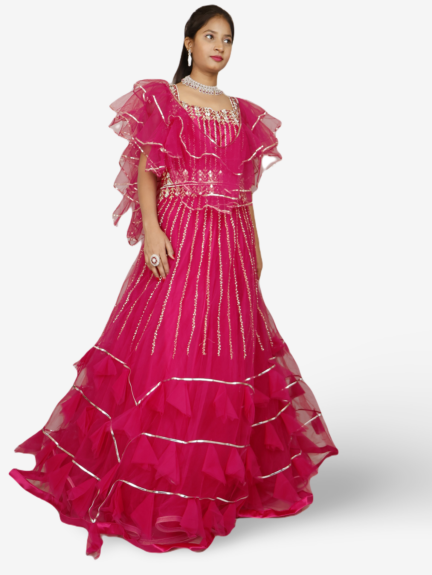 Magenta Pink Flare Gown Stone with Mirror Work for Women by Shreekama-3