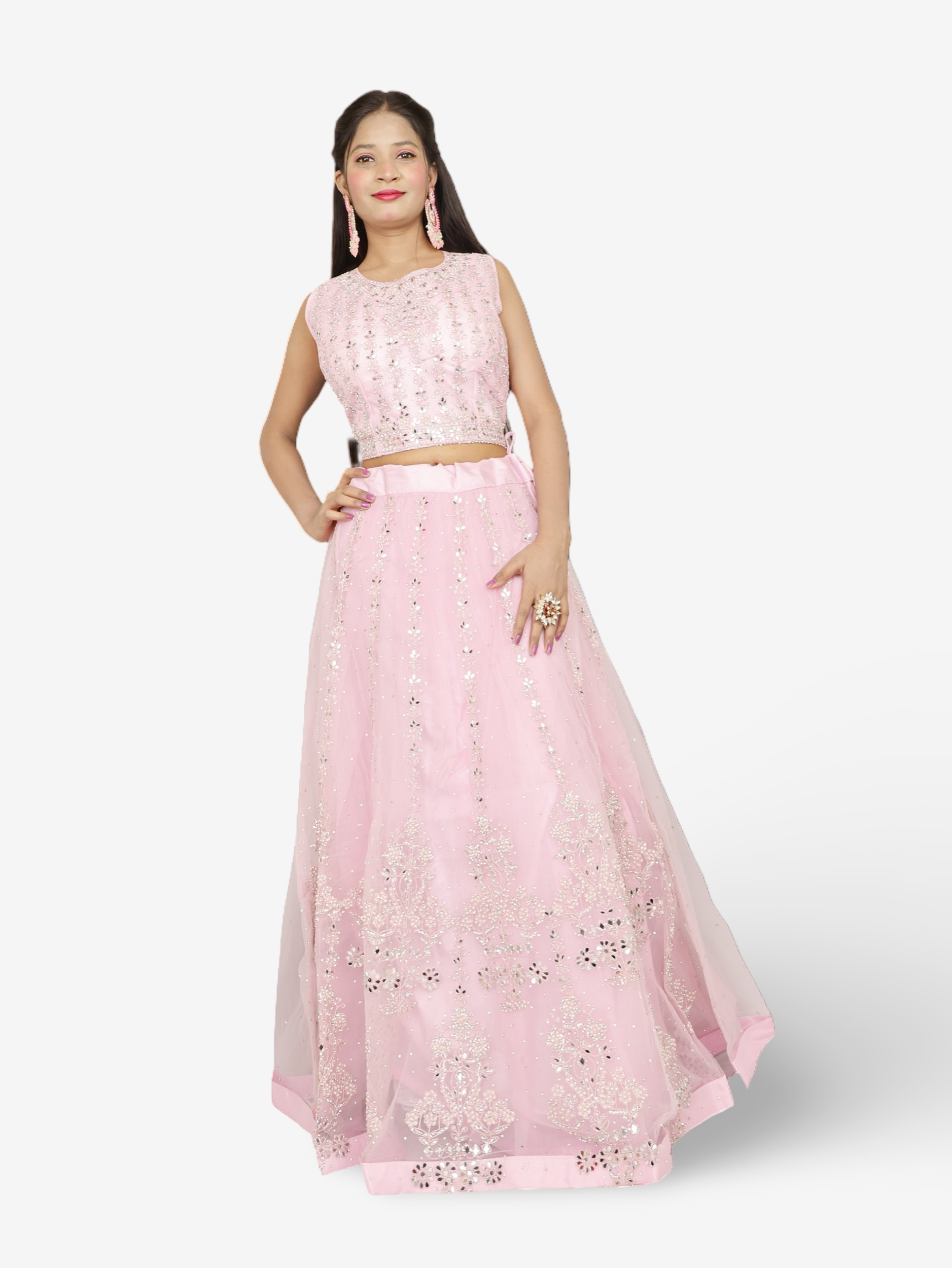 Beautiful mirror and stone work on this pink lehenga set for women by Shreekama-1