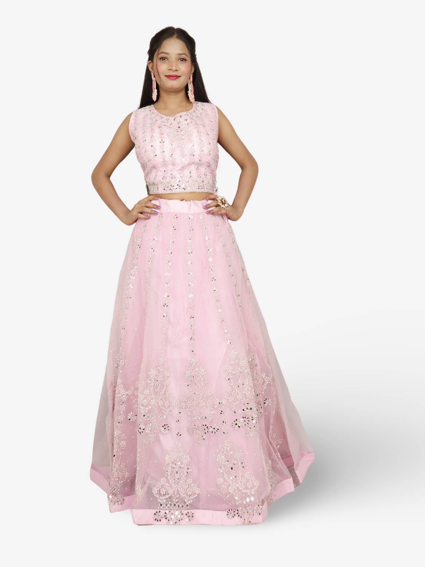 Beautiful mirror and stone work on this pink lehenga set for women by Shreekama-2