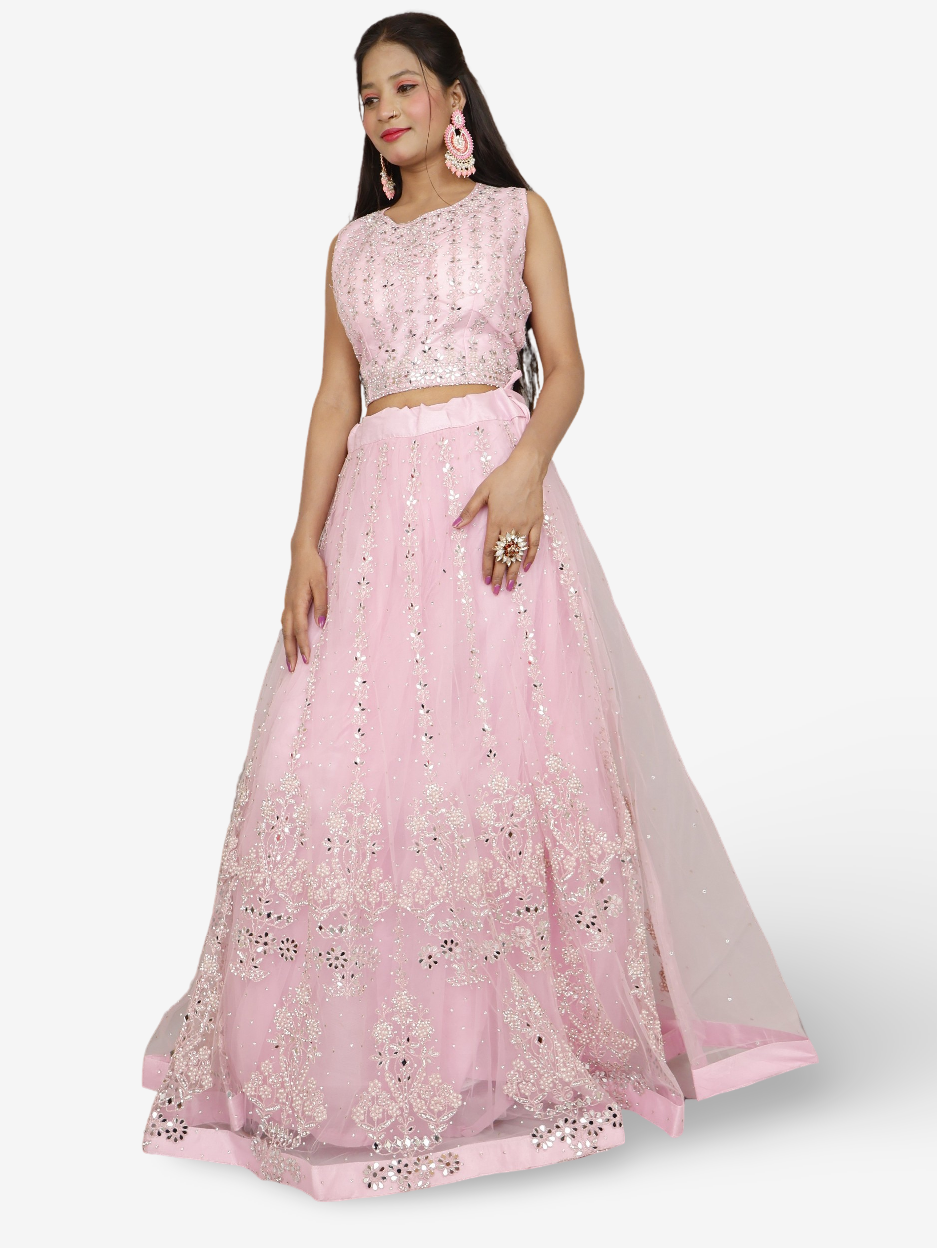 Beautiful mirror and stone work on this pink lehenga set for women by Shreekama-3