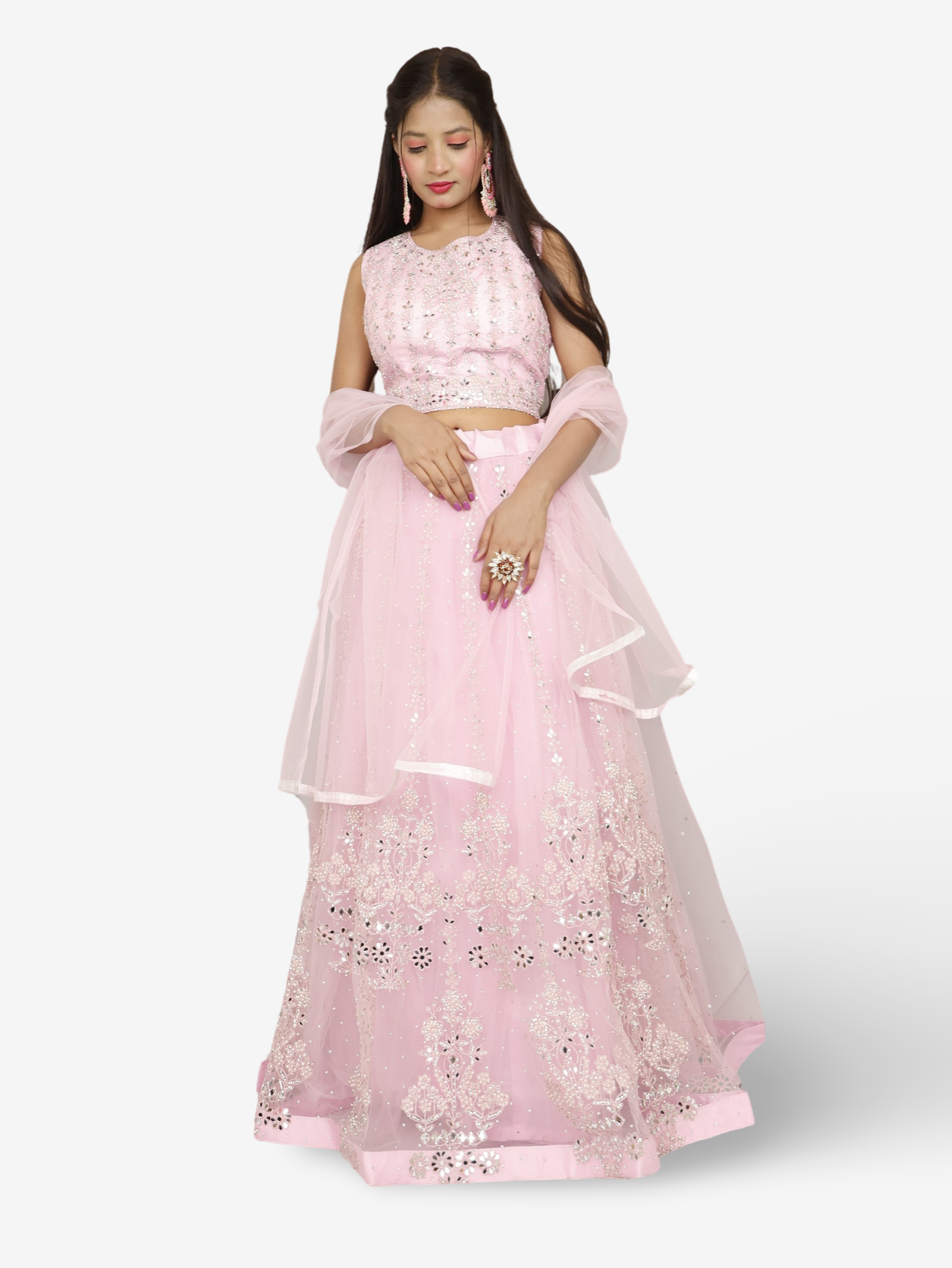 Beautiful mirror and stone work on this pink lehenga set for women by Shreekama-4
