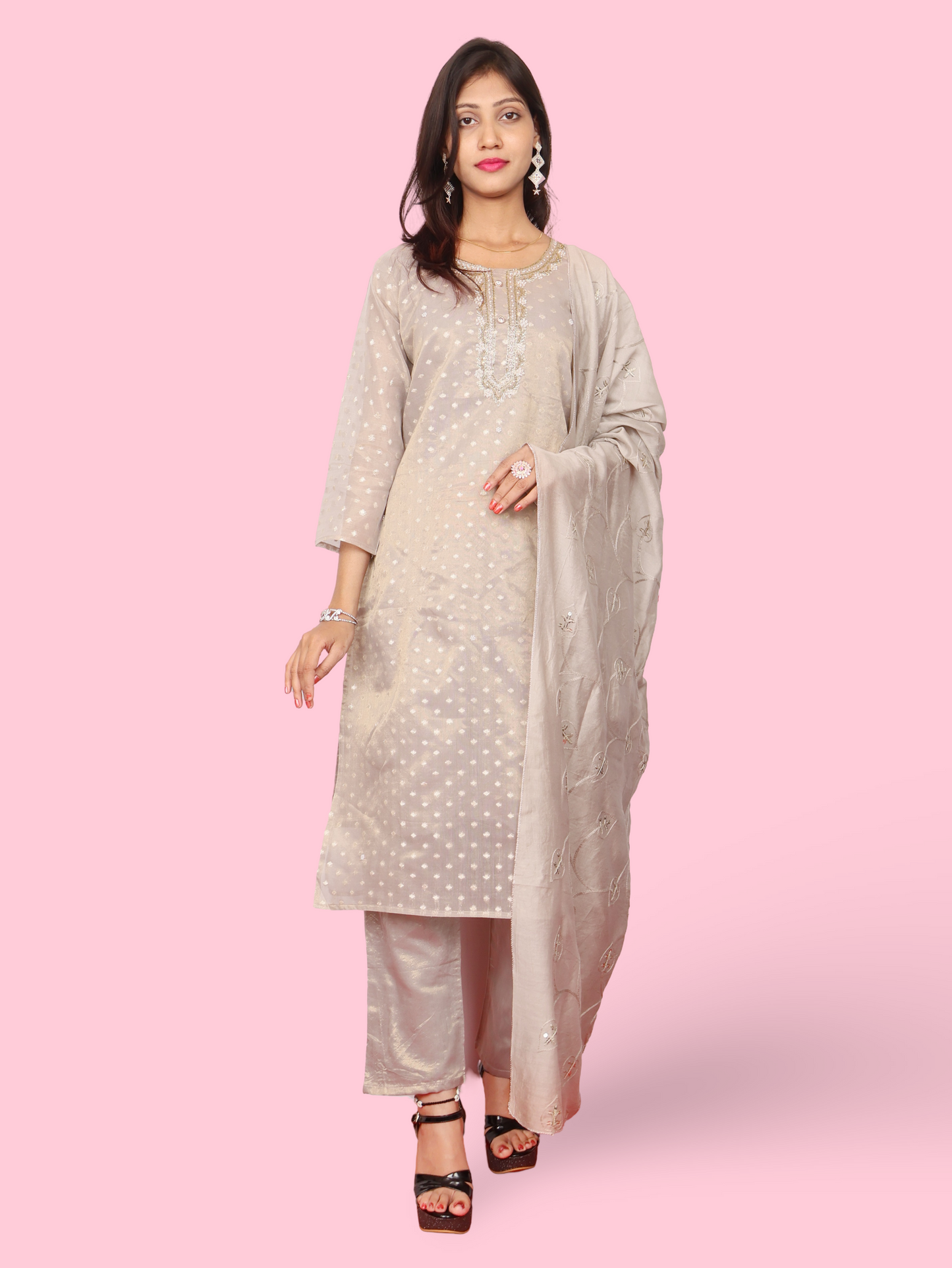 Silk Embroidered Straight Kurti with Pant and Dupatta-1