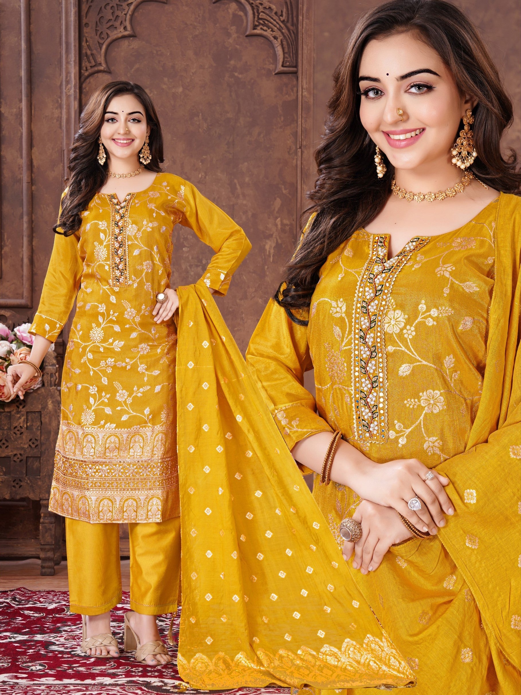Woman Straight Suit Set with Pant-Dupatta-0