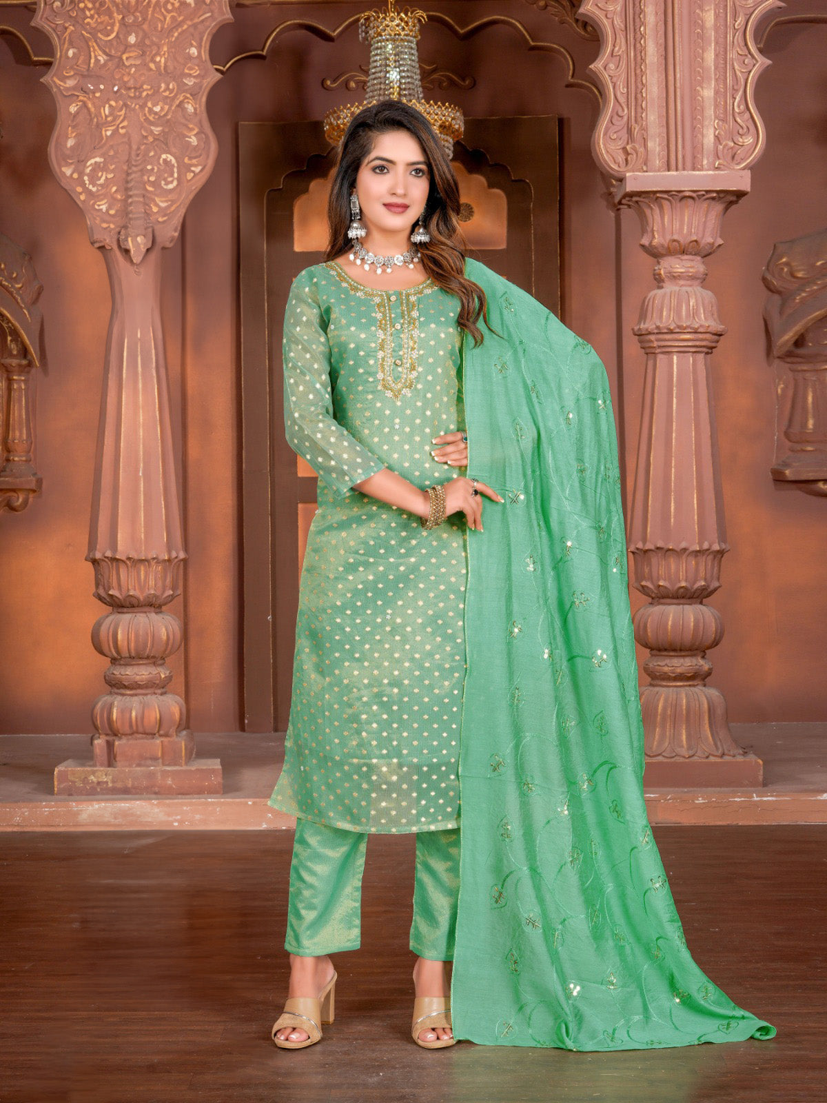 Silk Embroidered Straight Kurti with Pant and Dupatta-0